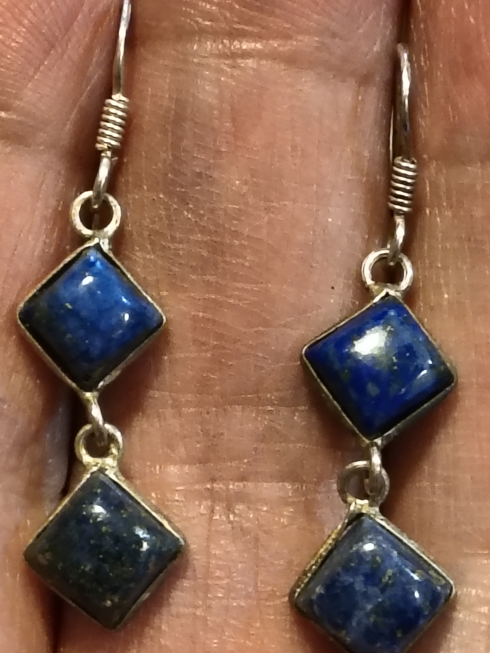 Vintage Rhombus Sterling Silver Blue Lapis Double-Drop Dangle Earrings Signed